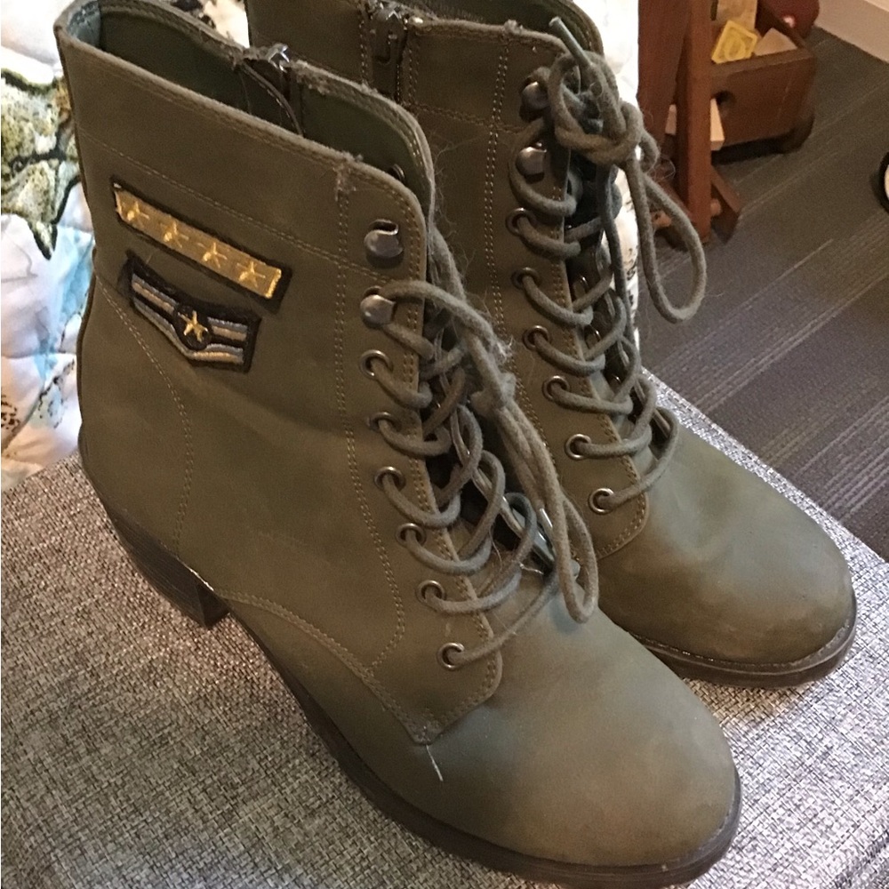 Olive Green Lace-Up Military-Inspired Ankle Booties